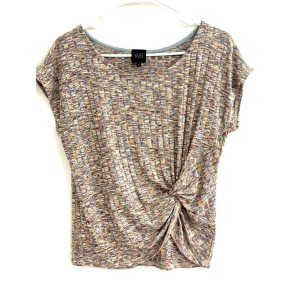 W5 ANTHROPOLOGIE Short Sleeve Multicolor Sweater Top W/ Knot Accent SZ M EUC - Picture 1 of 6